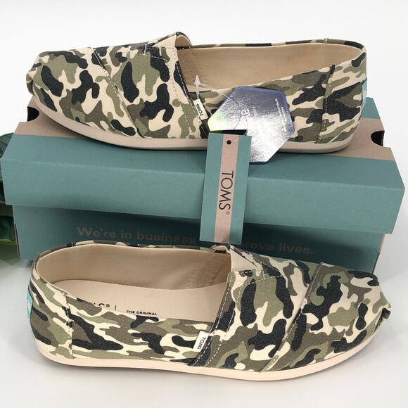 Toms Dirty Olive Green Black Tan Camouflage Canvas Slip On Alpargata Loafer Shoe - Picture 1 of 7